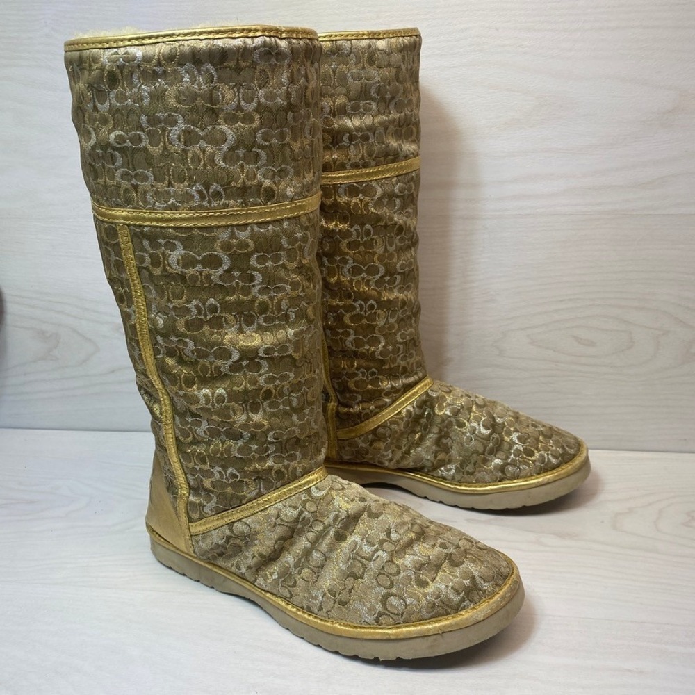 Coach Womens 9B Nikole Tall Winter Boots Signature C Monogram Gold Luxury